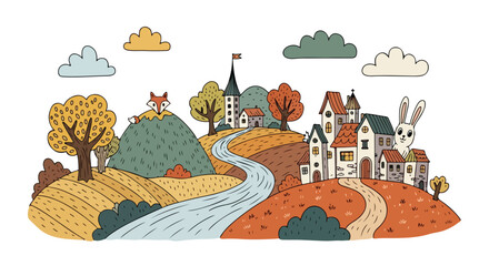Illustration of a serene countryside landscape with a winding river, houses, trees, and a church under a cloudy sky with autumnal colors.