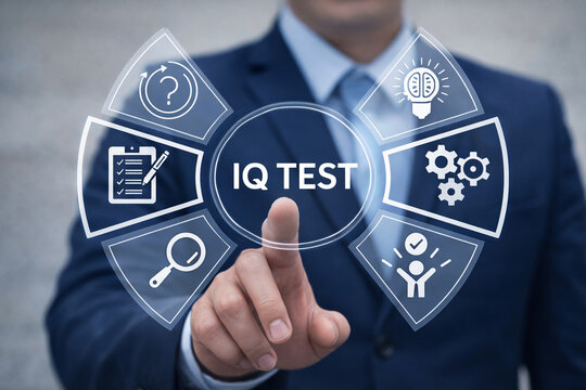 AI generated digital iq test interface with cognitive assessment icons for aptitude evaluation intelligence measurement education hr screening and psychological analysis