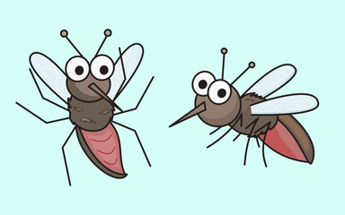 Fototapeta premium illustration of cute cartoon mosquito with big eyes and soft brown red colors on light blue background. Suitable for malaria awareness education posters and health campaigns.
