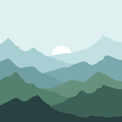 Fototapeta premium Minimalist mountain landscape with rising sun in pastel colors.