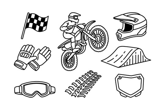 Motocross rider gear and racing equipment icons set in outline line art style. Helmet, gloves, goggles, track ramp, front accessories, flags. Vector Illustration