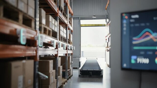 Medium shot of wireless humidity sensors installed in a warehouse monitoring moisture levels during storage with realtime data displayed on a sleek digital dashboard.