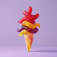 Gummy worms arranged as ice cream in cone, purple background. Food concept
