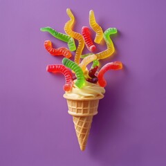 Gummy worms bursting from cone on purple surface. Dessert concept illustration