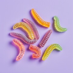 Gummy worms on purple background, for party treats, snacking, or childish enjoyment