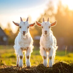 Fototapeta premium Two white goats standing on a grassy area with warm sunlight
