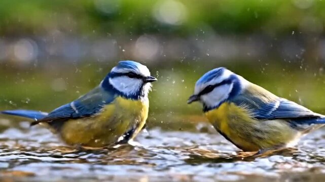Two blue tits bathe water splashes around them in a blurry natural setting