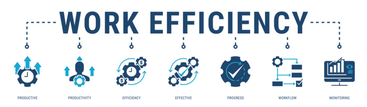 Work Efficiency web banner icon vector illustration featuring Productive, Productivity, Efficiency, Effective, Progress, Workflow and Monitoring