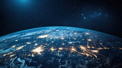 Obraz premium Space view of blue glowing Earth with city lights in central Europe, black starry night sky background, dusk close-up wide-angle depth of field cinematic space art installation