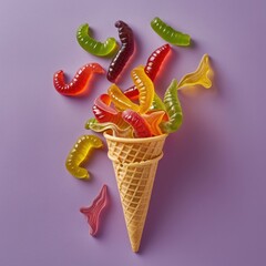 Gummy worms spill out of cone; overhead shot, purple background, for kids/party use
