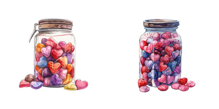 valentines candies in jar watercolor vector illustration