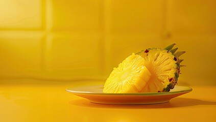 Half a pineapple on a plate against a yellow backdrop. Still life food photography
