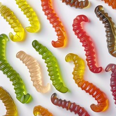 Gummy worms scattered on a plain background. Food photography for party themes