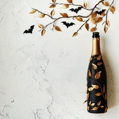 Halloween Champagne bottle decorated with leaves and bats against white backdrop