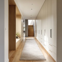 Hallway view of stairs to upper floor with storage in a modern home design use