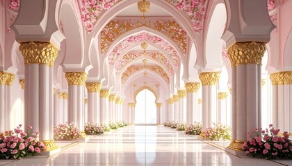 Hallway of arches with flowers in palace, used for weddings, light background