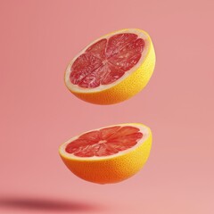 Halved grapefruit floating against pink. Use advertising juice, food, vitamin C