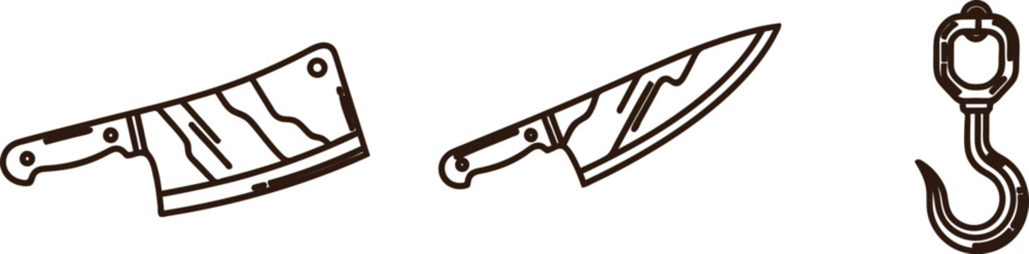 Brown line art illustrations of cleaver knife hook for butcher kitchen tools isolated on transparent background