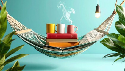 Hammock with books, steaming mugs - leisure, reading, relaxation. Background calm