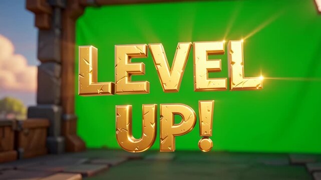Golden Level Up 3D Text with Light Rays on Green Screen Chroma Key