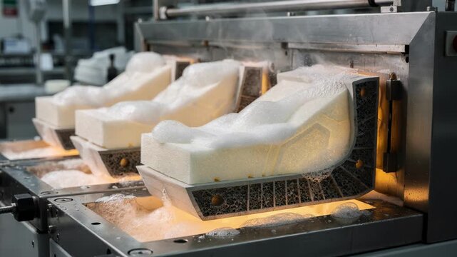 Medium shot of foaming process creating highcushion EVA midsoles showcasing expanding lightweight blocks inside heated molds for maximum comfort and shock absorption.
