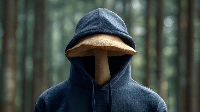 Surreal Mushroom Head in a Blue Hoodie Standing Against Forest Bokeh