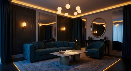 Modern living room with blue sofa and armchair