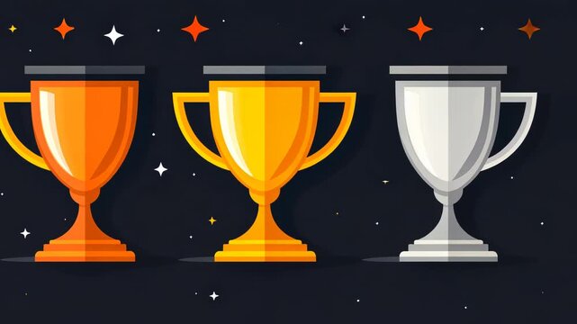 Illustration featuring three trophy cups in gold, bronze and silver against a starry, dark background