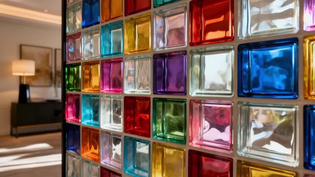 Vibrant colored glass blocks arranged in a grid adding artistic flair and visual interest to a stylish room divider