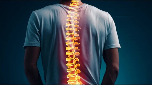A man with a visible spine standing against a dark blue background with hands behind his back viewed from behind