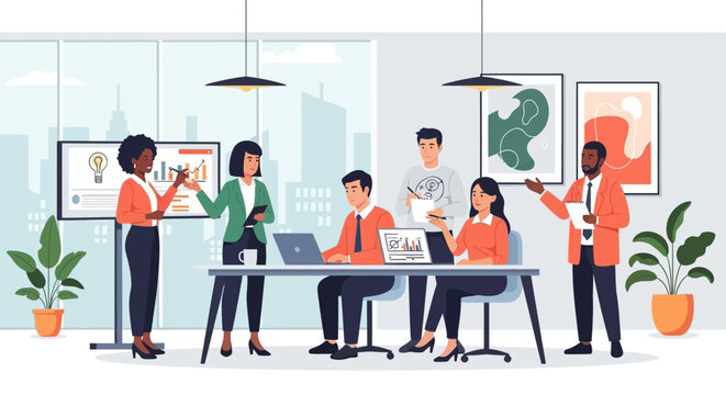 Vector illustration of a business team silhouette working together in a meeting room office concept to represent successful communication and teamwork