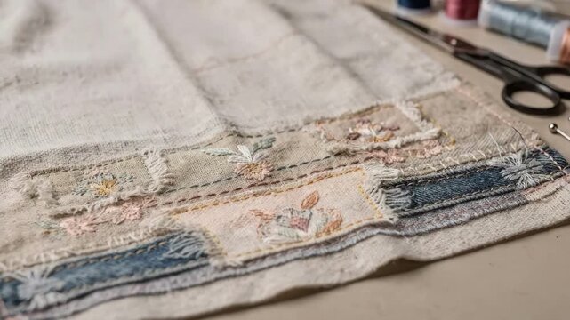 Medium shot capturing the lower hem of a fabric as it is being personalized with stitched patterns and layered fabric patches for decorative detail.