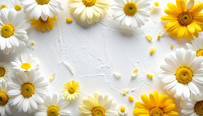 Obraz premium マットな白い漆喰壁を背景に、マーガレットの花をフレーム状に配置したグラフィック性の高いビジュアルです。 中央には幾何的で整った大きな余白を確保し、広告やテキスト配置に最適な構図。 黄色と白を基調としたシンプルな配色と均一なライティングが、清潔感を演出します。 ポスター、Web、バナーなど幅広い広告デザインに使いやすい背景素材です。