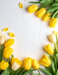 白い漆喰調の壁を背景に、黄色系のチューリップをフレーム状に配置したミニマルな春のイメージです。
中央には広告やコピーを配置しやすい広い余白を確保しています。
自然光によるやわらかな陰影と、花びらの瑞々しい質感が清潔感と季節感を演出。
春のキャンペーン、新生活、フラワー関連広告など幅広く活用できます。