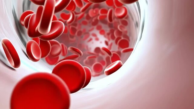 Red blood cells move through a vein in the human body during circulation at the cellular level