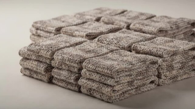 Medium shot of greige knitted fabric neatly folded into small bundles highlighting textile texture and careful preparation for shipment.