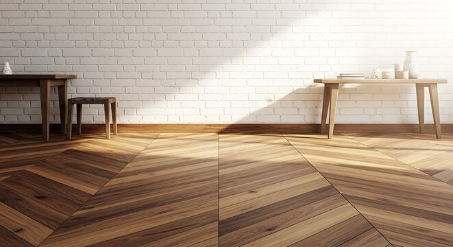 Minimalist white brick masonry wall backdrop combined with warm natural timber wood floor pattern in a bright rustic empty room interior space for studio photography and architectural design.