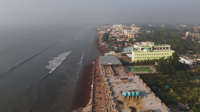 Aerial drone view of Mandarmani sea beach during low tide