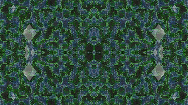 Green and blue pattern with diamond shapes on a dark background