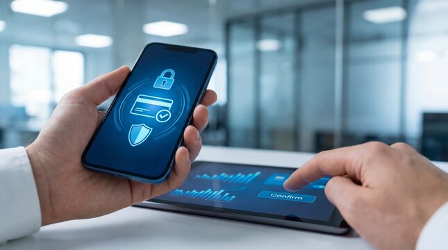 Hand holding a smartphone and credit card for online banking and shopping technology concept