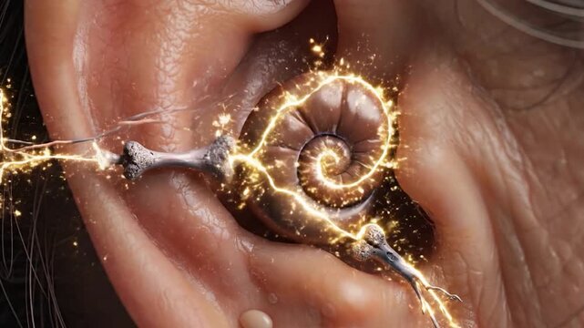 Close-up of a human ear with a sound wave entering and a hearing aid device.