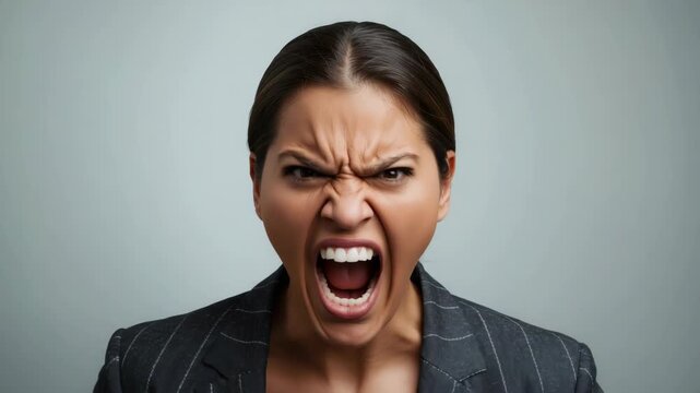 Angry woman shouting portrait with open mouth furrowed brow intense emotion expression
