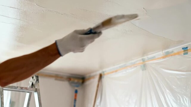 Medium shot shows a painter applying a smooth flat finish to a ceiling highlighting techniques for achieving an even matte surface with precise brush strokes.
