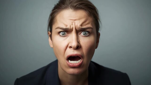 Angry adult caucasian female portrait closeup shouting with furrowed brow clenched jaw intense