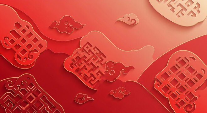 Elegant Red Chinese New Year Lanterns and Clouds Illustration with Traditional Geometric Patterns