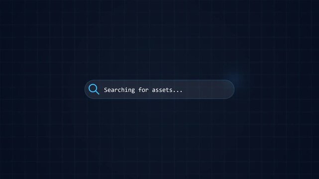 Digital search bar with 'Searching for assets...' text, representing online research and data discovery on a dark background with digital grid pattern