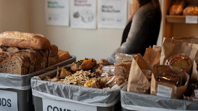 Medium shot showcasing multiple bins with clear labels for stale goods compost and donations at a bakery waste reduction area emphasizing environmental responsibility and resource