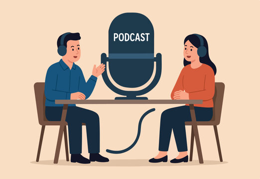  Podcast in episodic series of digital audio records broadcast or streaming via internet for easy listeners, professional podcasters man and woman microphone and wearing headphone.