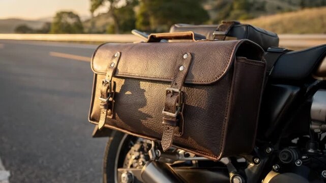 Medium shot capturing a boxy leather tool pouch mounted on a motorcycle frame showcasing its spacious structure and sturdy buckles in a scenic road environment.