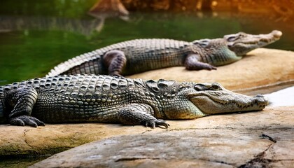 Obraz premium Two Large Crocodiles Resting On A Stone Surface Near Water One In Focus And The Other In The Background